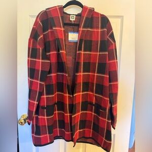Red and Black Plaid Open Front Cardigan